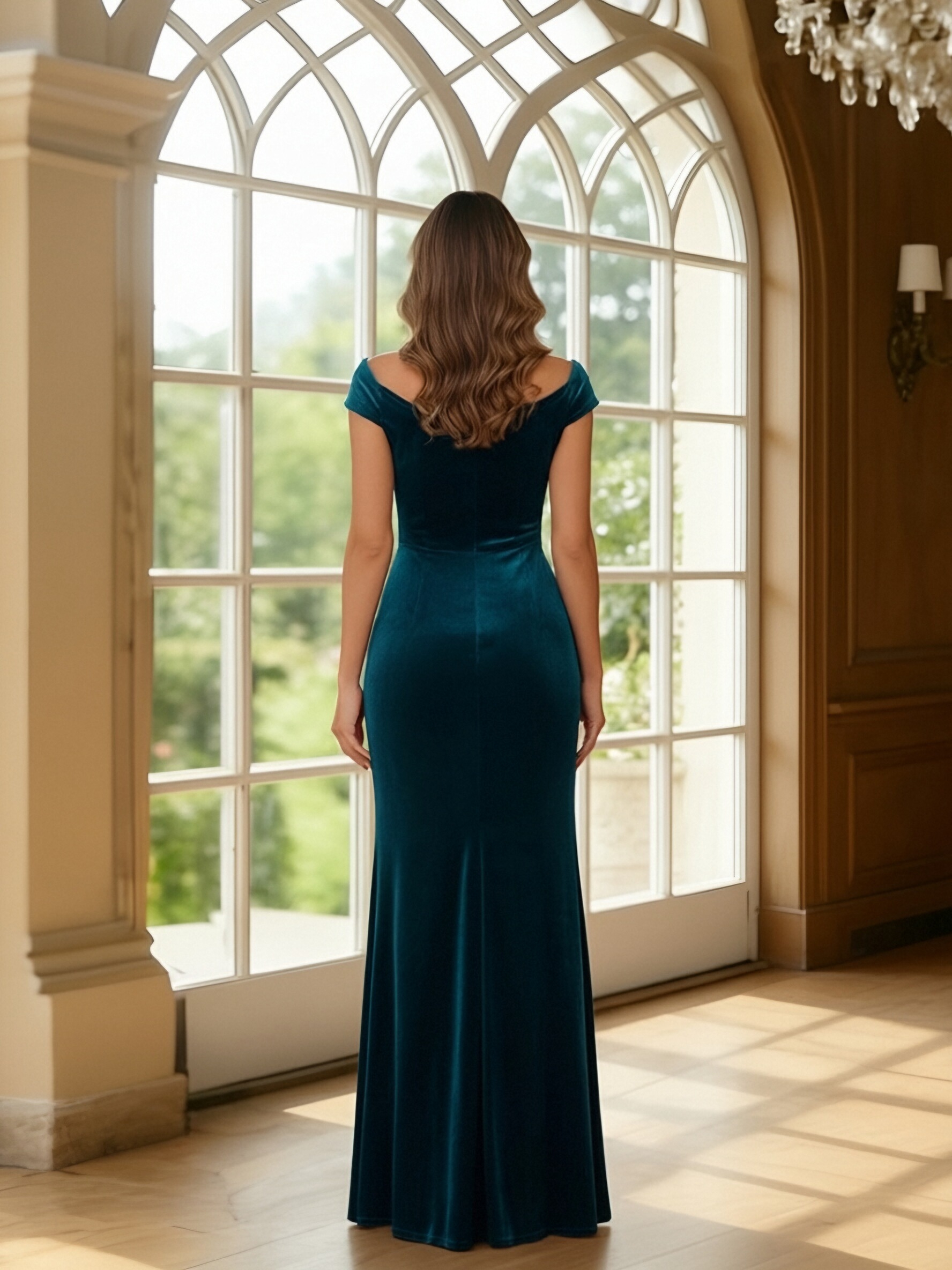 Velvet V Neck Mother of the Bride Dresses with Ruffles
