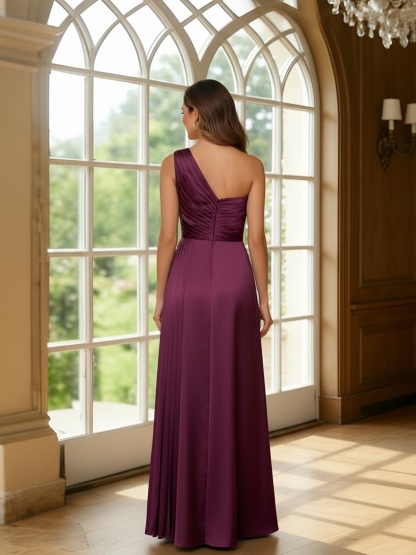 Satin One Shoulder Mother of the Bride Dresses with Pleats