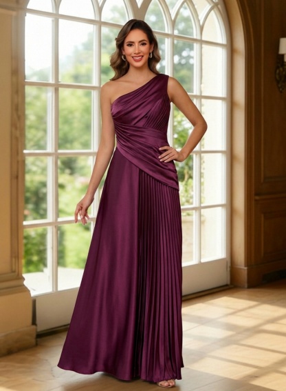 Satin One Shoulder Mother of the Bride Dresses with Pleats