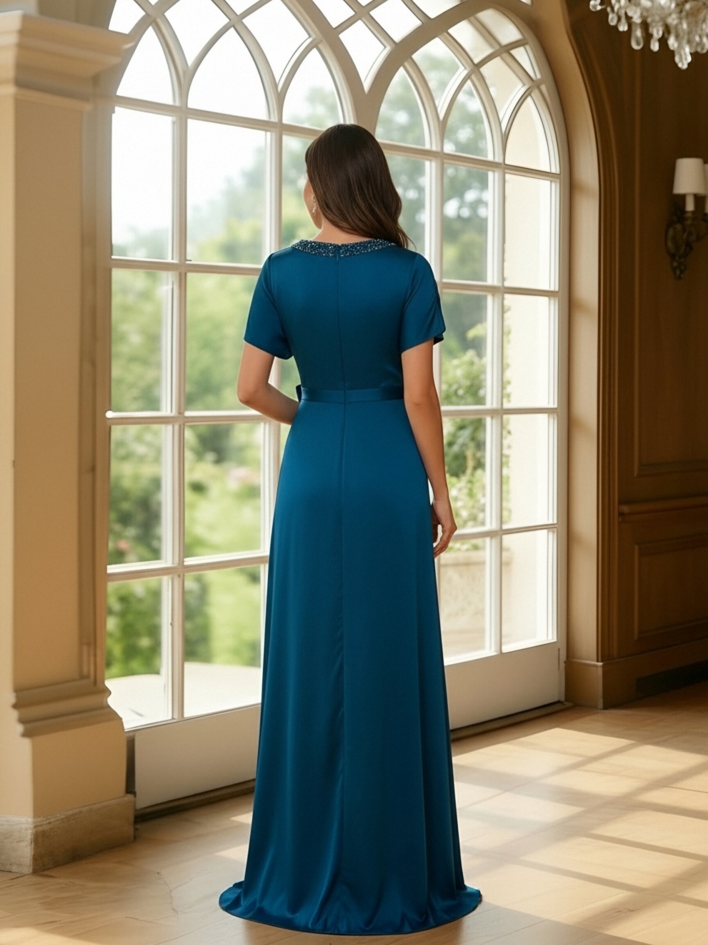 Satin Chiffon V Neck Mother of the Bride Dresses with Slit