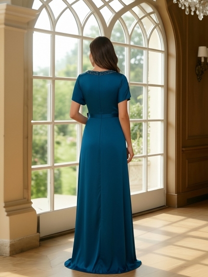 Satin Chiffon V Neck Mother of the Bride Dresses with Slit