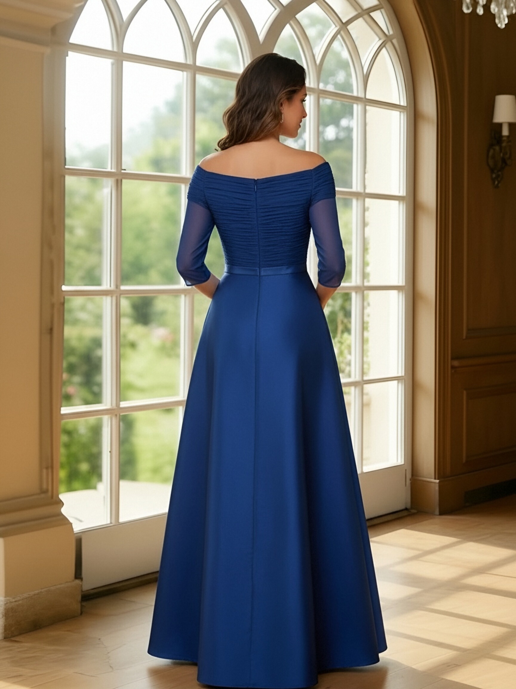 A Line Satin Crowl Neck Mother of the Bride Dresses with Pleats