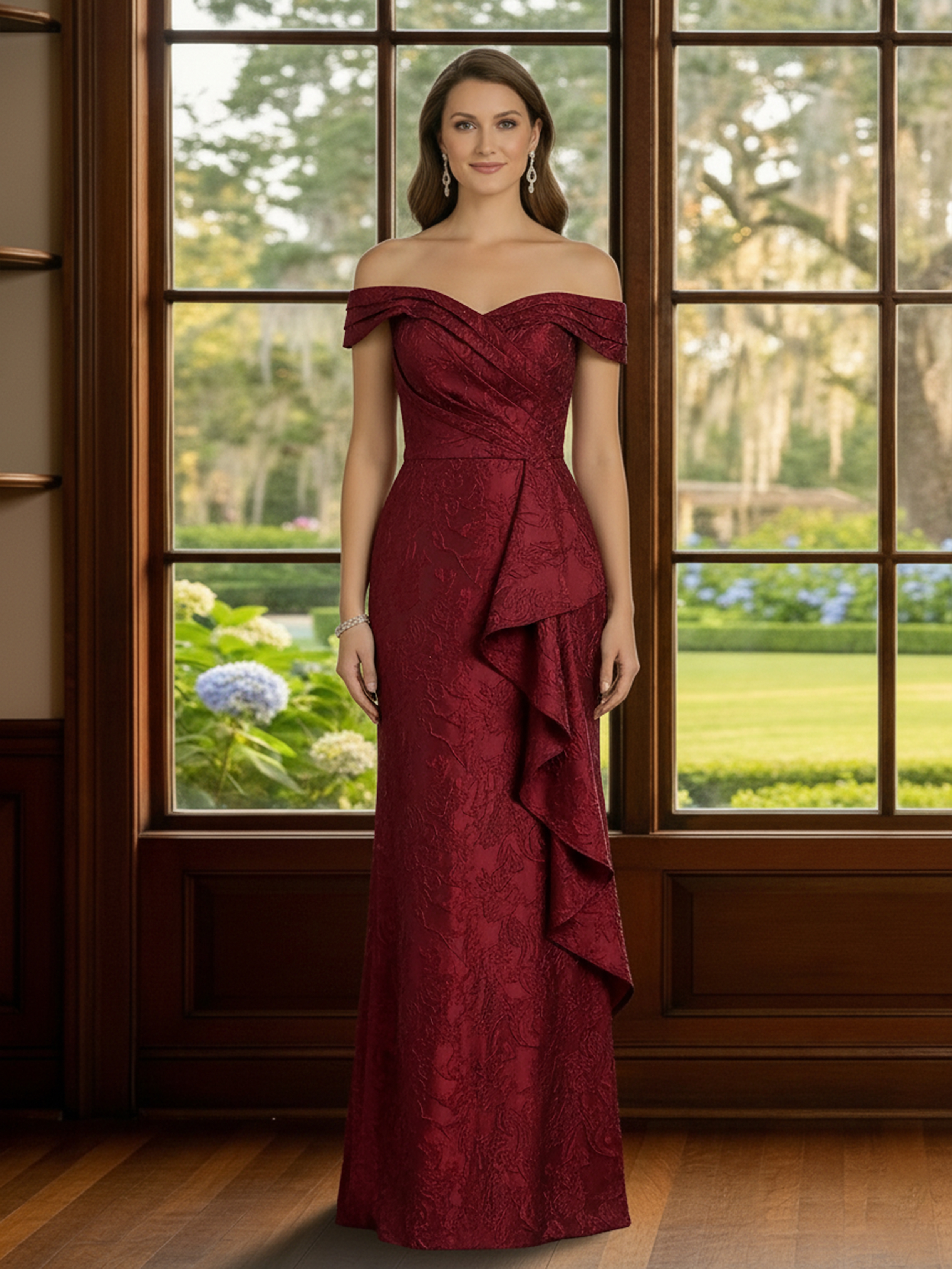 Jacquard Satin Off Shoulder Mother of the Bride Dresses with Ruffles