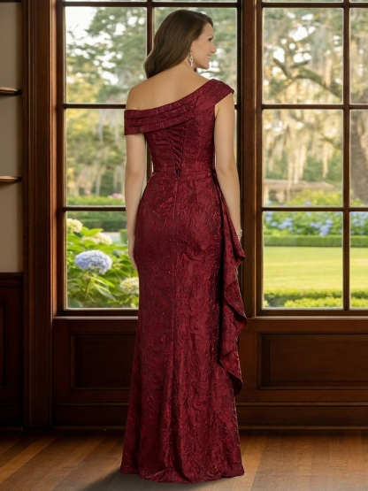 Jacquard Satin One Shoulder Mother of the Bride Dresses with Ruffles