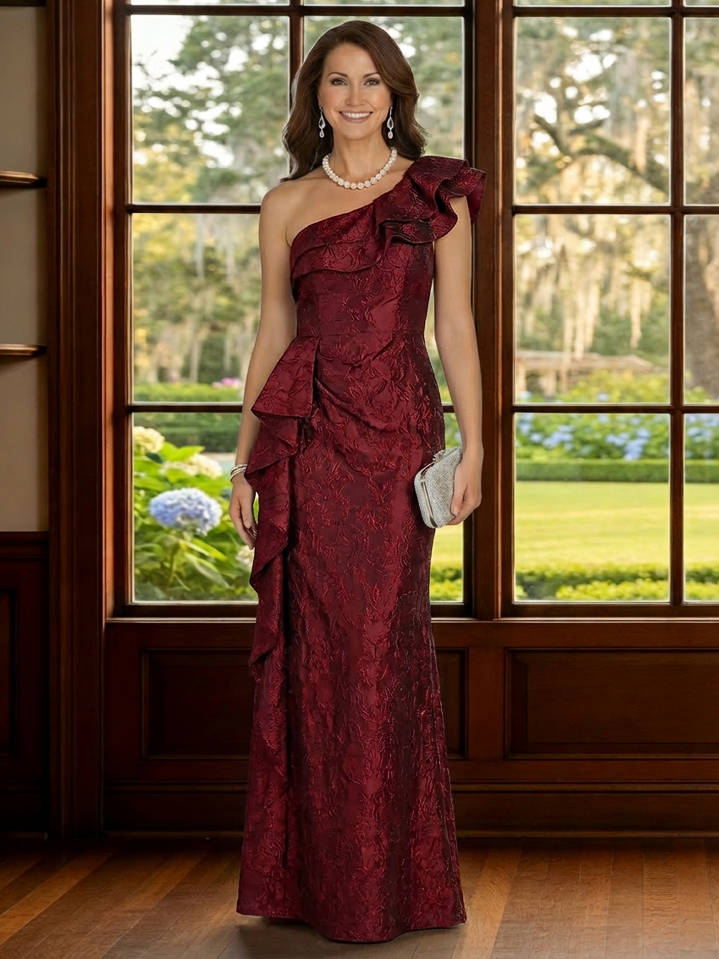 Jacquard Satin One Shoulder Mother of the Bride Dresses with Ruffles