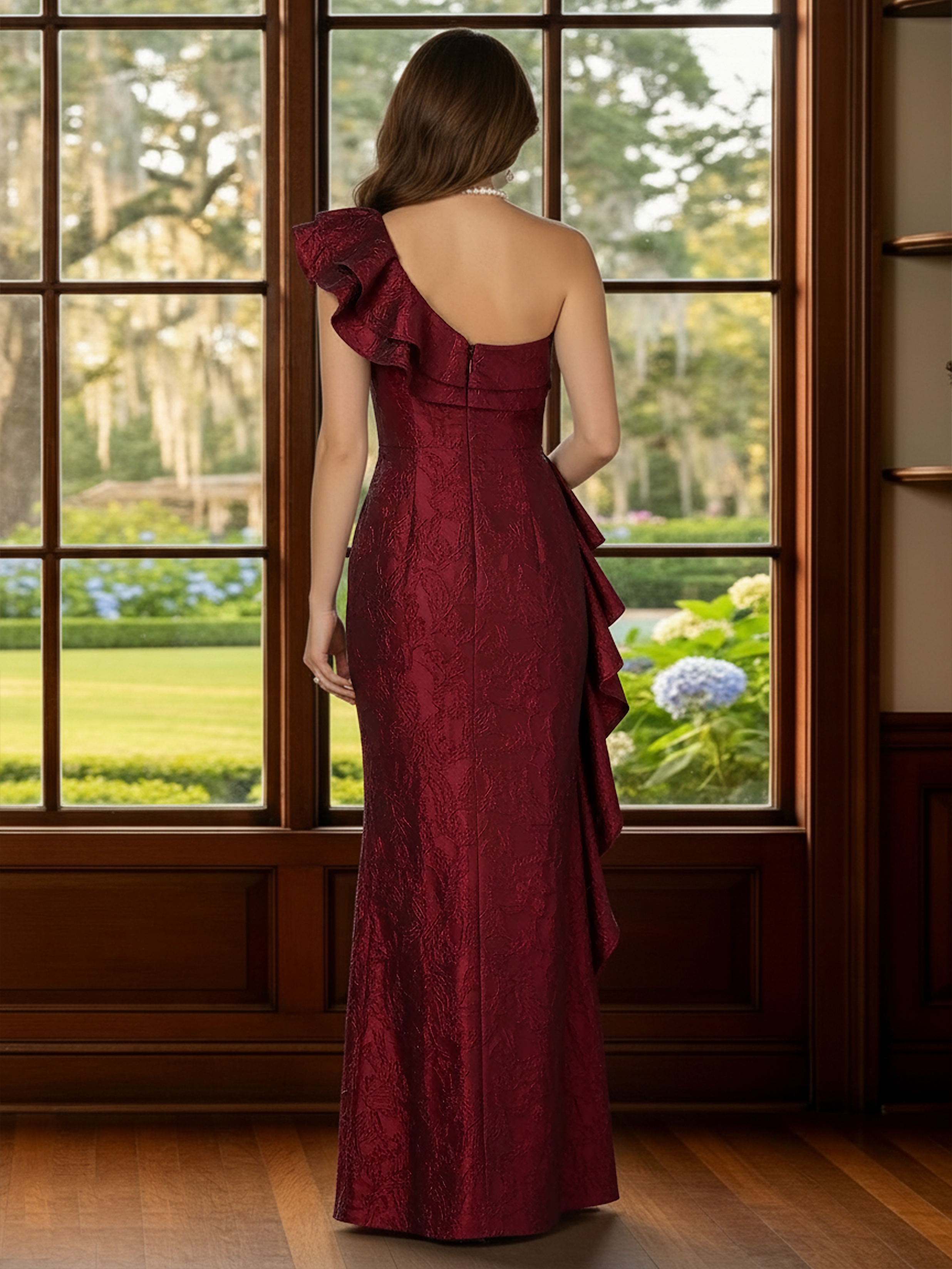 Jacquard Satin One Shoulder Mother of the Bride Dresses with Ruffles