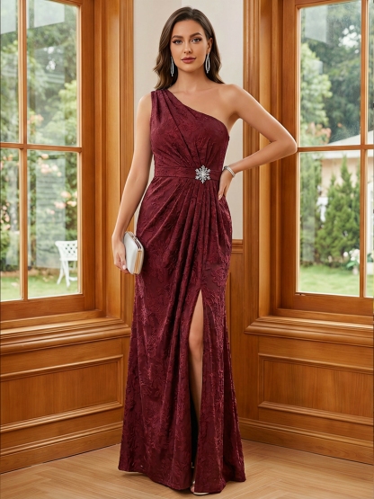 Jacquard Satin One Shoulder Mother of the Bride Dresses with Beads
