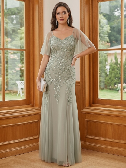 Sequin Tulle Crowl Neck Mother of the Bride Dresses with Embroidery