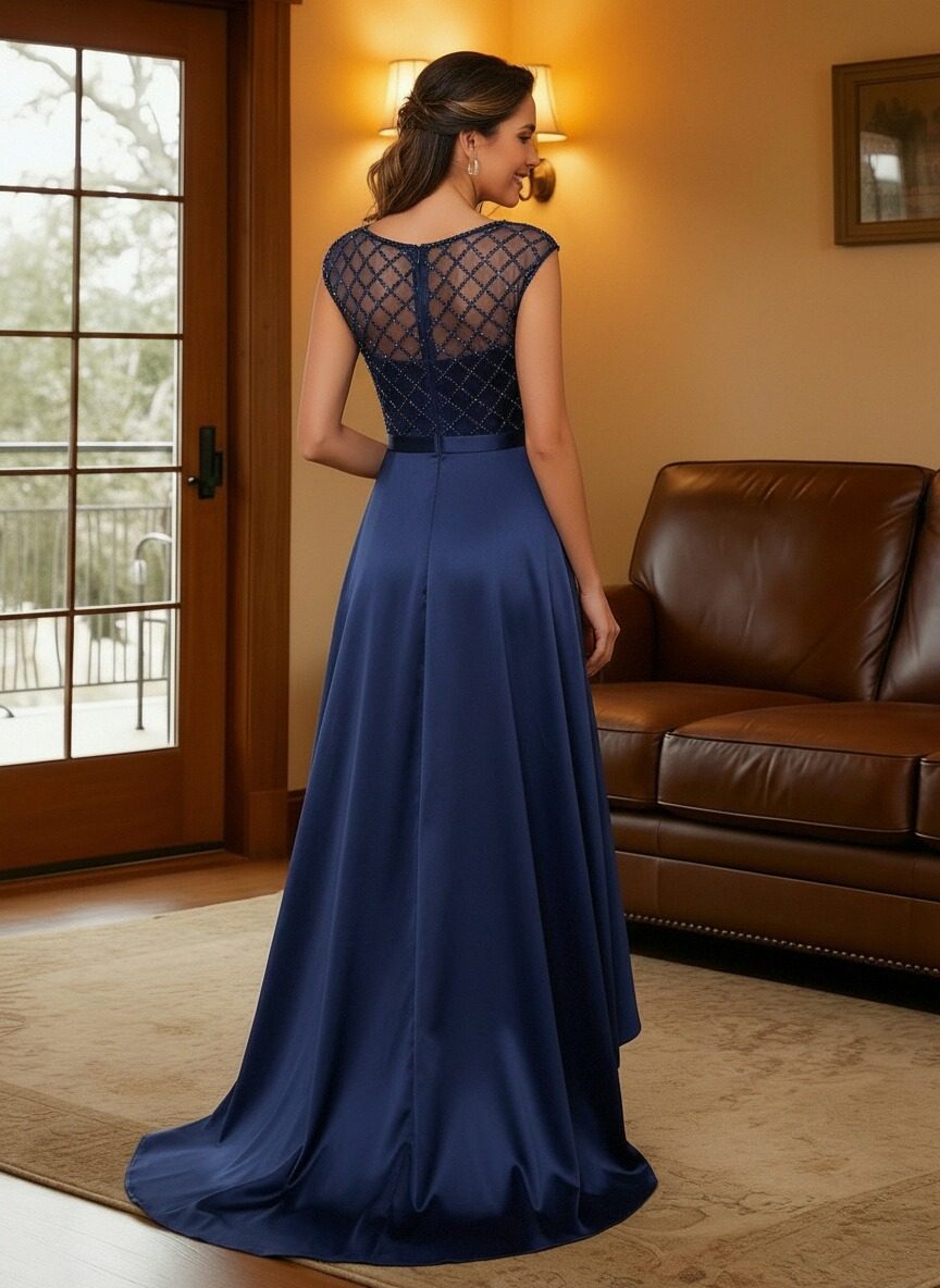 Satin Beaded Crew Neck Mother of the Bride Dresses with Beaded