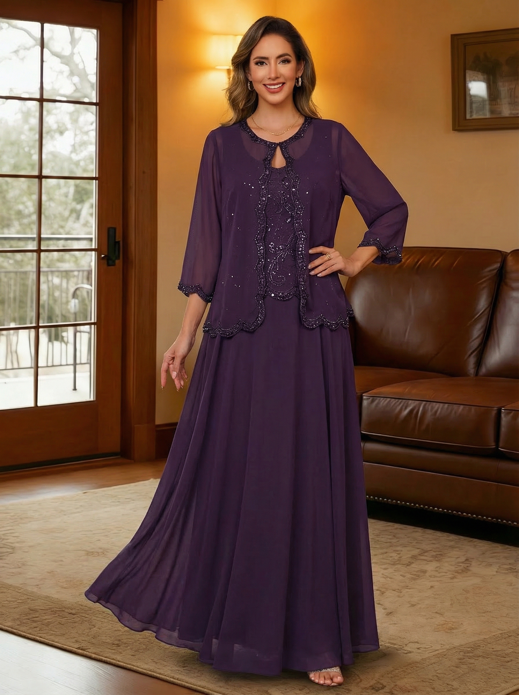 Chiffon Sequin Crew Neck Mother of the Bride Dresses with Embroidery