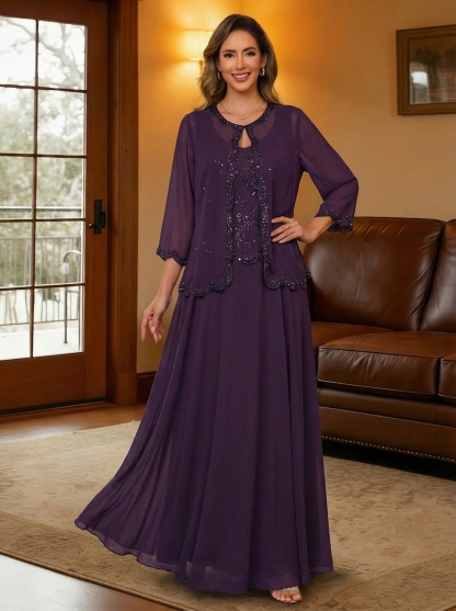 Chiffon Sequin Crew Neck Mother of the Bride Dresses with Embroidery