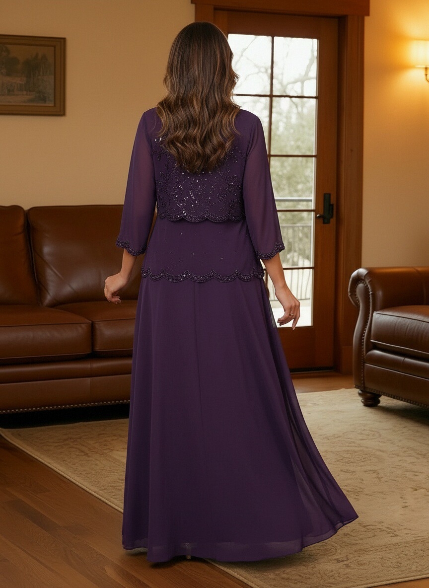 Chiffon Sequin Crew Neck Mother of the Bride Dresses with Embroidery