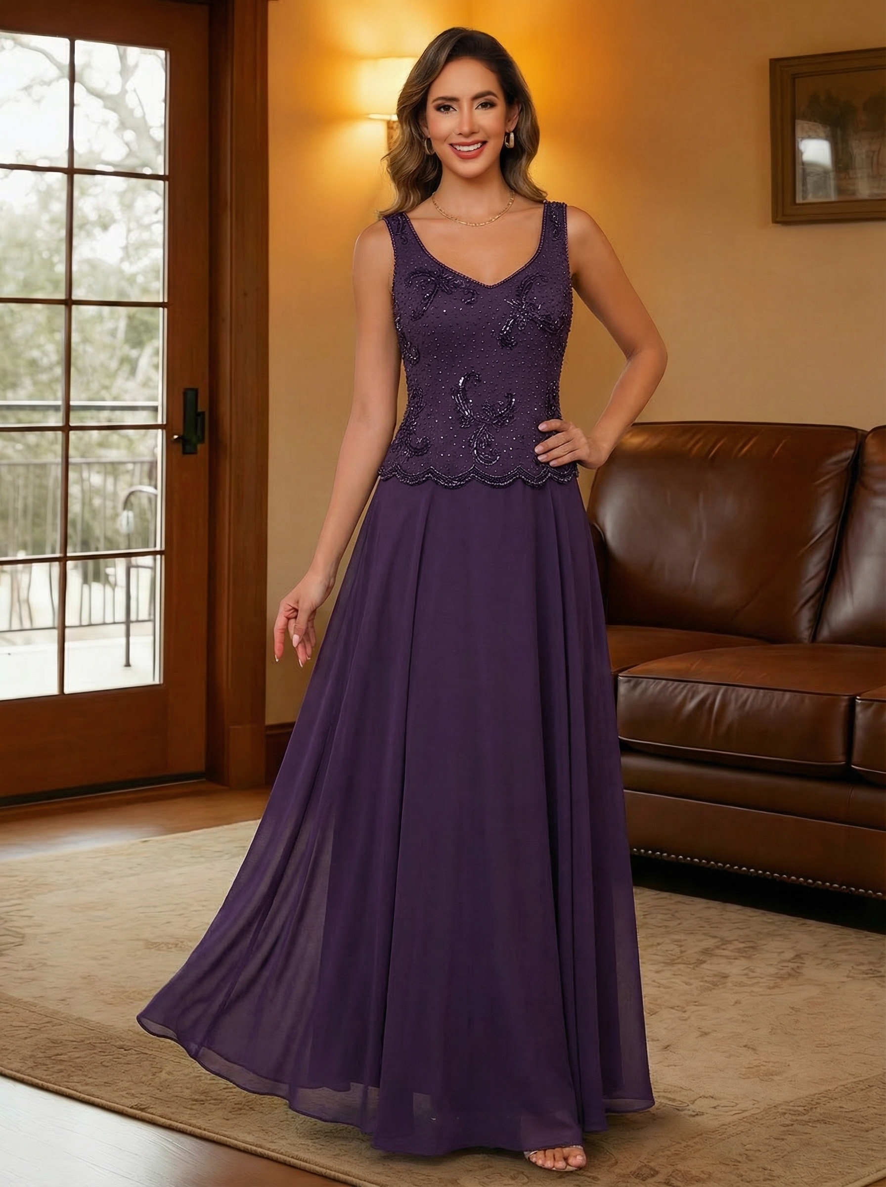 Chiffon Sequin Crew Neck Mother of the Bride Dresses with Embroidery