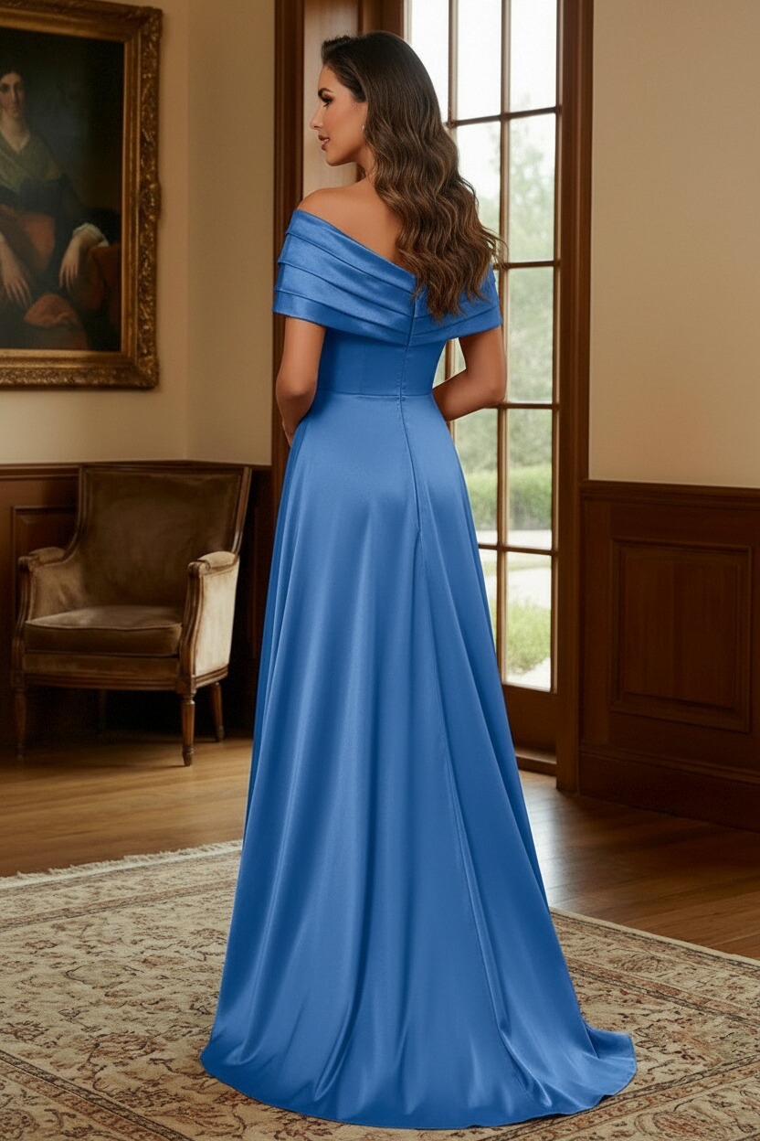 Satin Off Shoulder Mother of the Bride Dresses with Pleated
