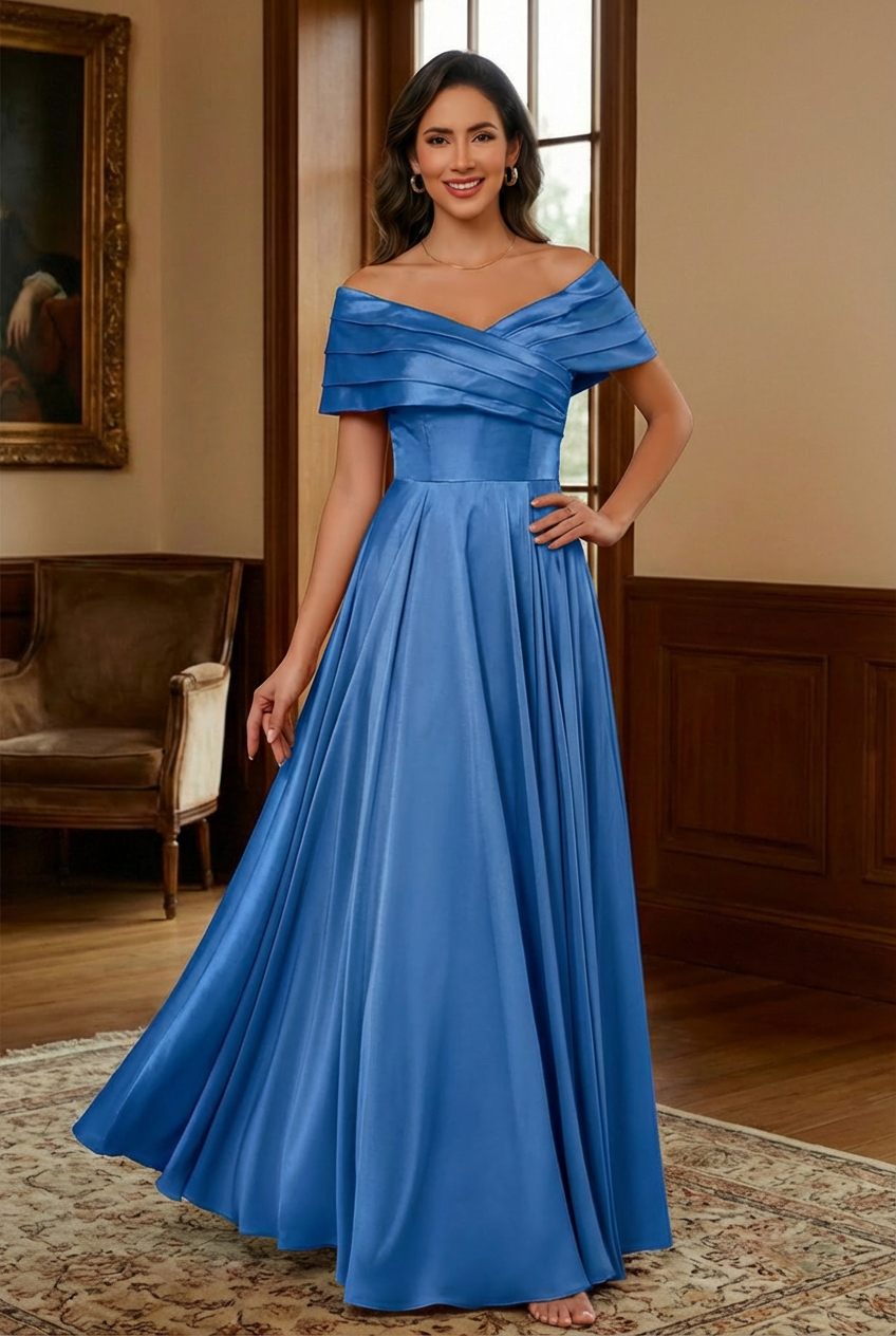 Satin Off Shoulder Mother of the Bride Dresses with Embroidery