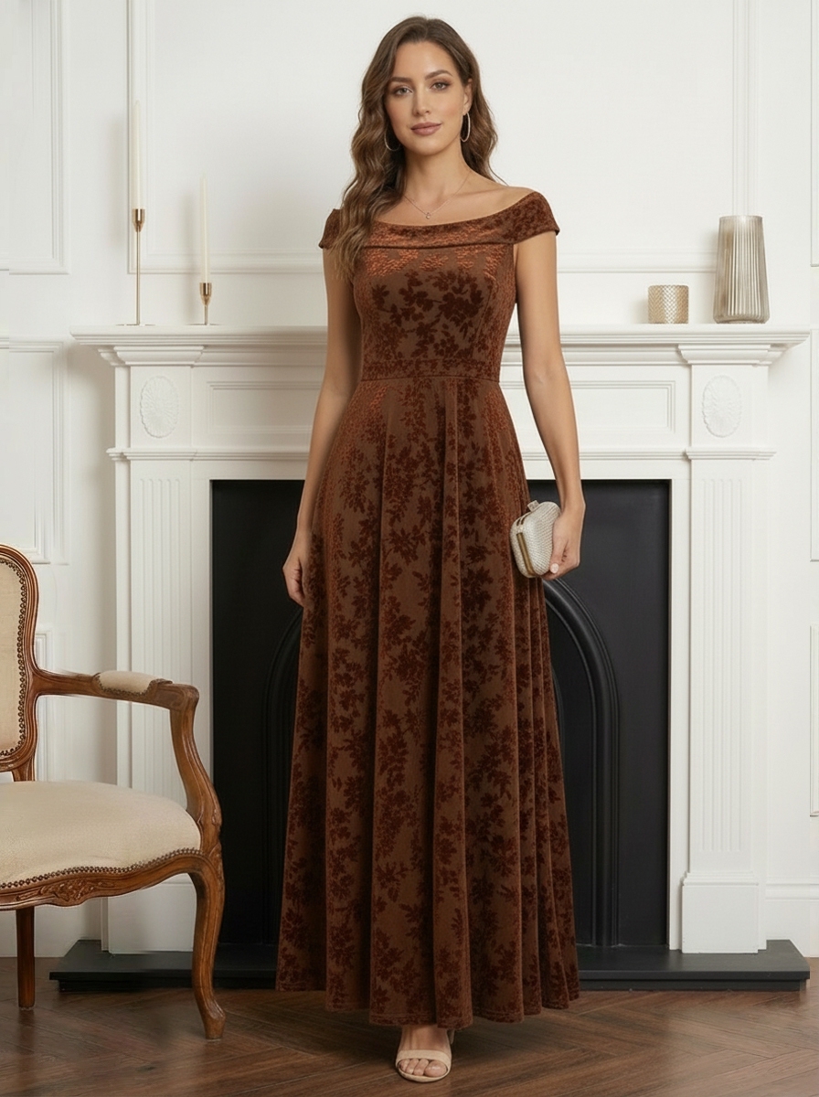 Jacquard Chiffon Off Shoulder Mother of the Bride Dresses with Pleats