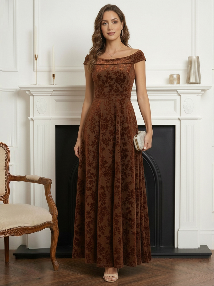 Jacquard Chiffon Off Shoulder Mother of the Bride Dresses with Embroidery