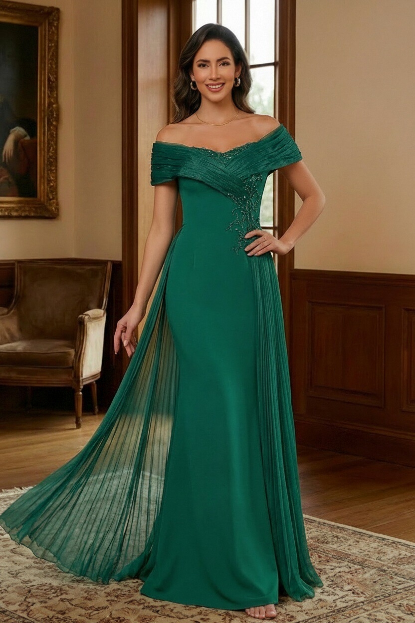 Chiffon Beaded Off Shoulder Mother of the Bride Dresses with Pleats