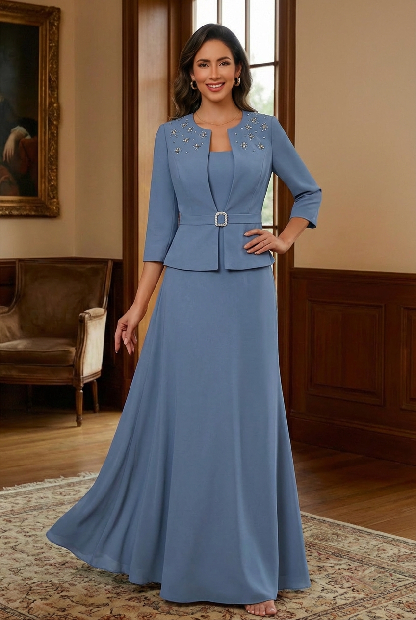 Chiffon Beaded Crew Neck Mother of the Bride Dresses with Embroidery