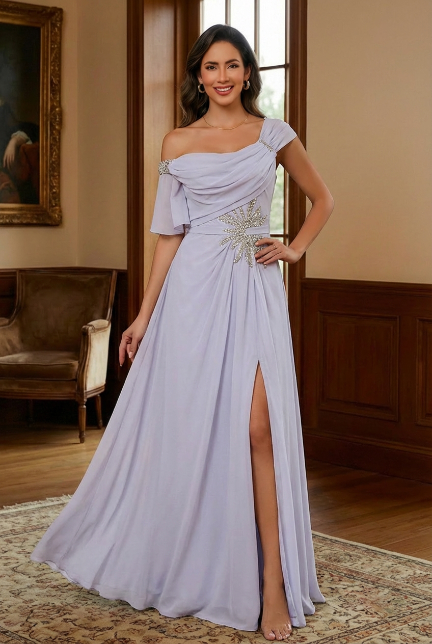Chiffon Beaded One Shoulder Mother of the Bride Dresses with Slit Side