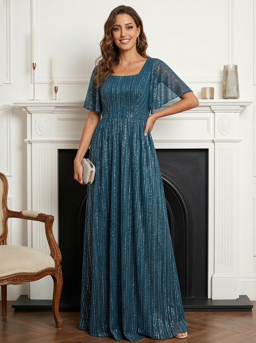 Shimmering Square Neck Mother of the Bride Dresses with Pleats