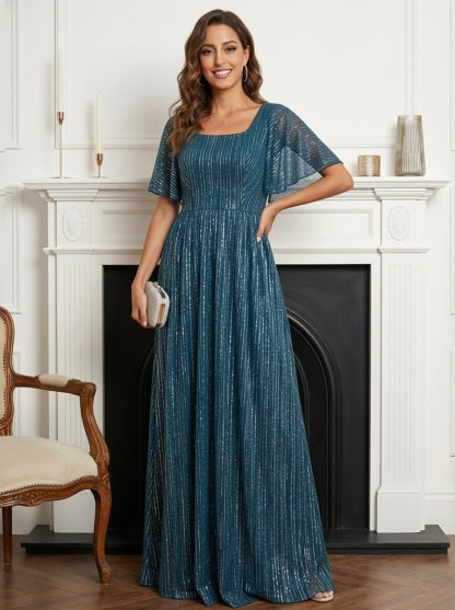 Shimmering Square Neck Mother of the Bride Dresses with Pleats