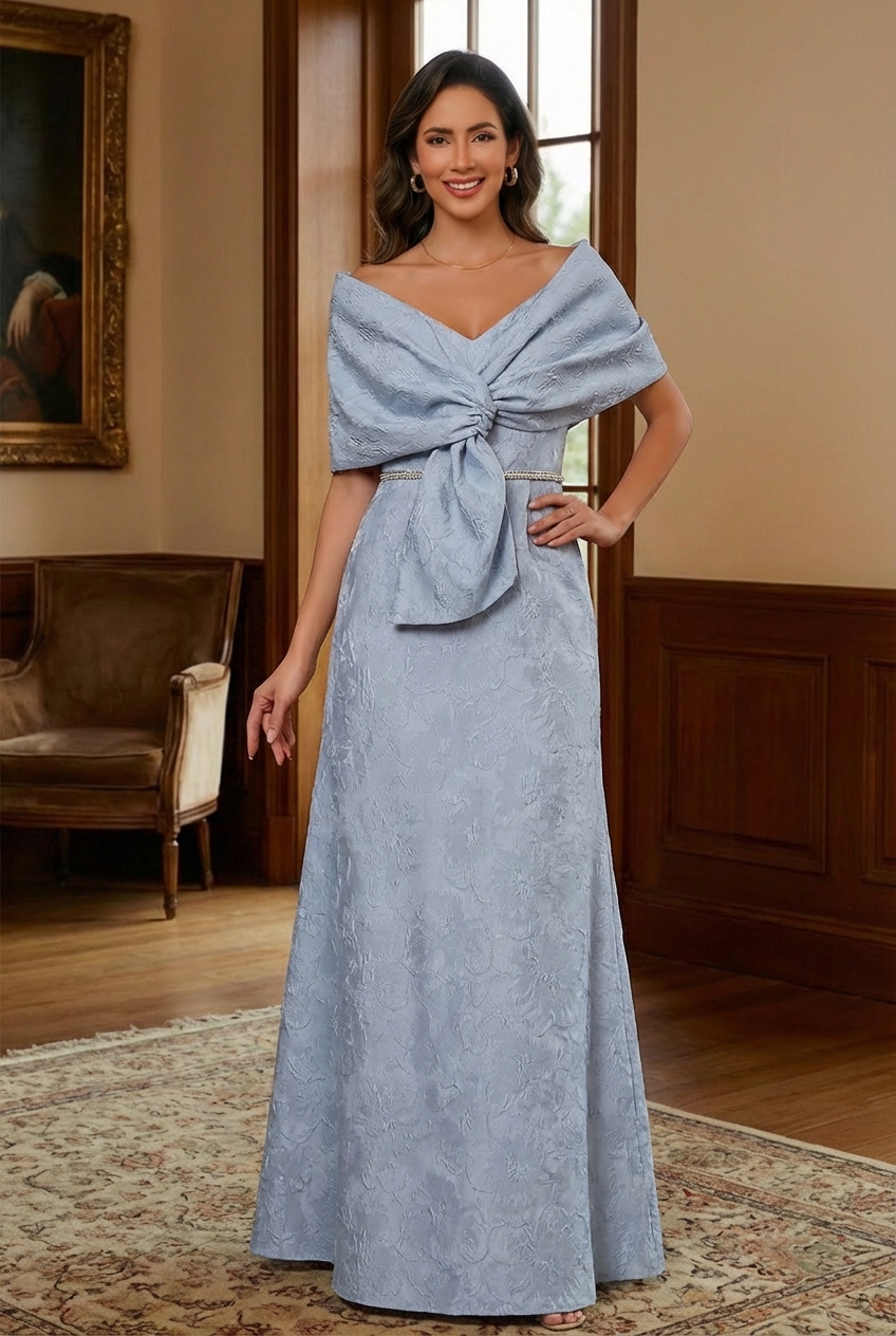 Jacquard Satin Off Shoulder Mother of the Bride Dresses with Belt
