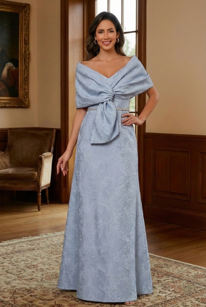 Jacquard Satin Off Shoulder Mother of the Bride Dresses with Belt