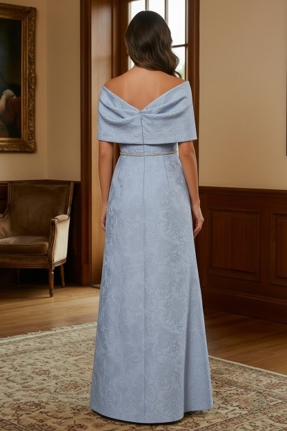 Jacquard Satin Off Shoulder Mother of the Bride Dresses with Belt