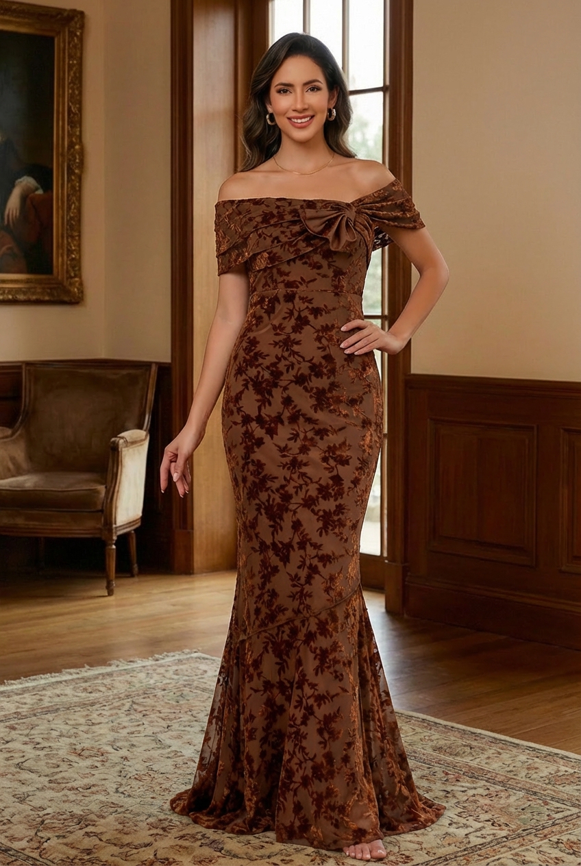 Jacquard Chiffon Off Shoulder Mother of the Bride Dresses with Ruffles