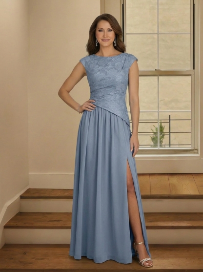 Satin Crew Neck Mother of the Bride Dresses with Slit Side