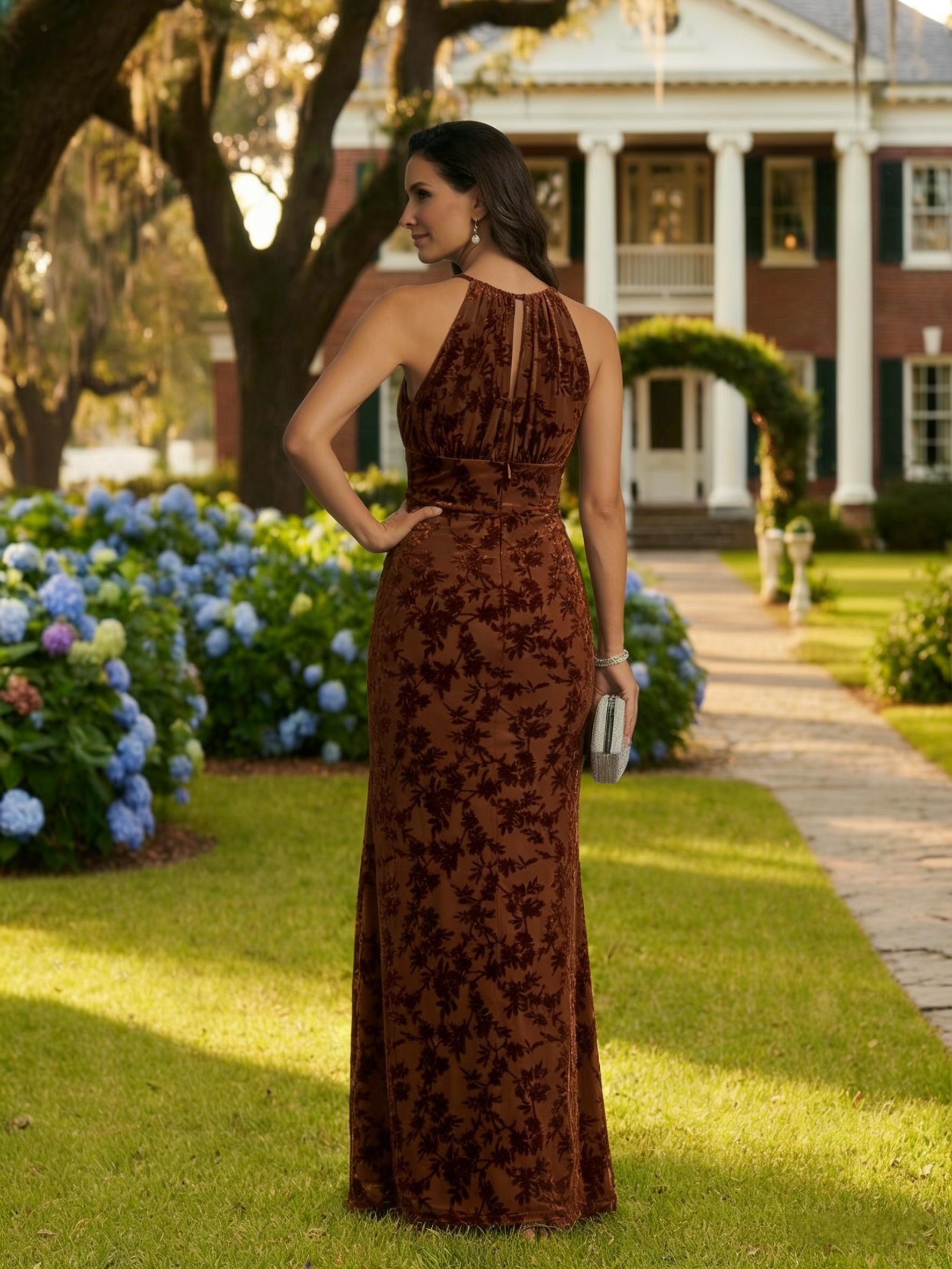 Velvet Floral Halter Mother of the Bride Dresses with High Split Side