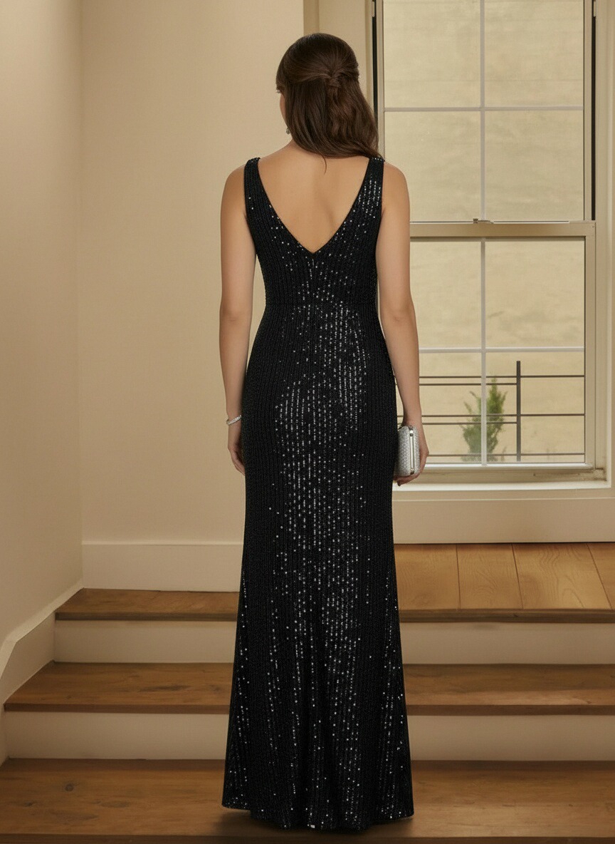 Sequin Deep V Neck Mother of the Bride Dresses with Slit Side