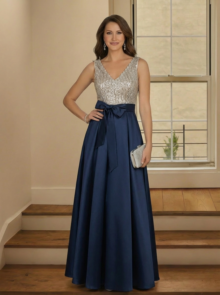 Satin Deep V Neck Mother of the Bride Dresses with Bow