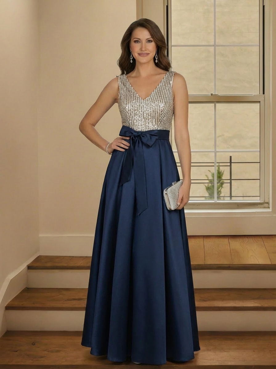 Satin Deep V Neck Mother of the Bride Dresses with Bow