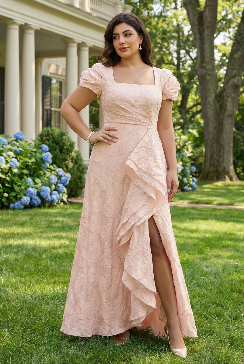 Jacquard Square Neck Mother of the Bride Dresses with Slit Side