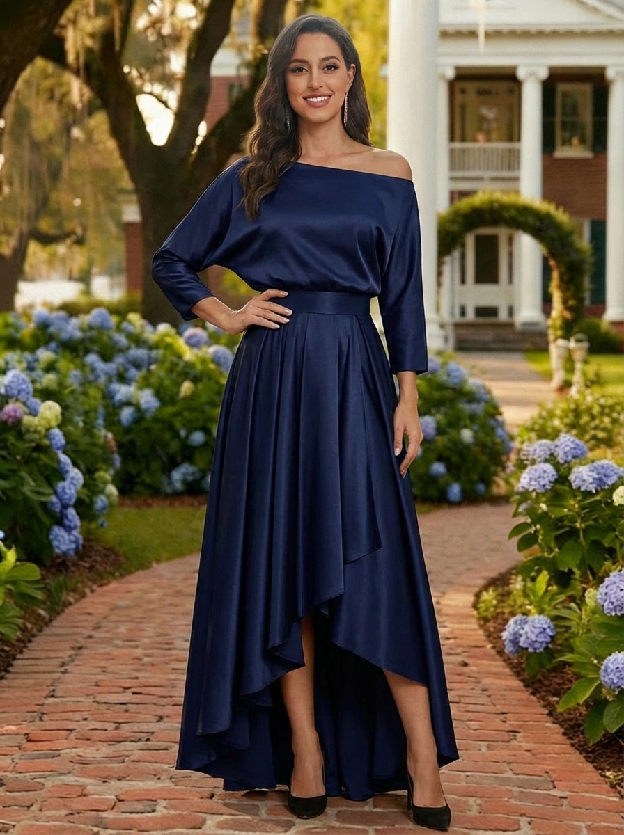 Satin Off Shoulder Mother of the Bride Dresses with Pleats
