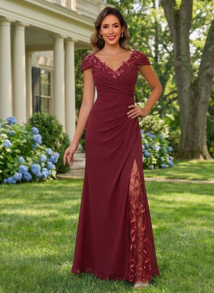 Chiffon Jacquard V Neck Mother of the Bride Dresses with Embroidery