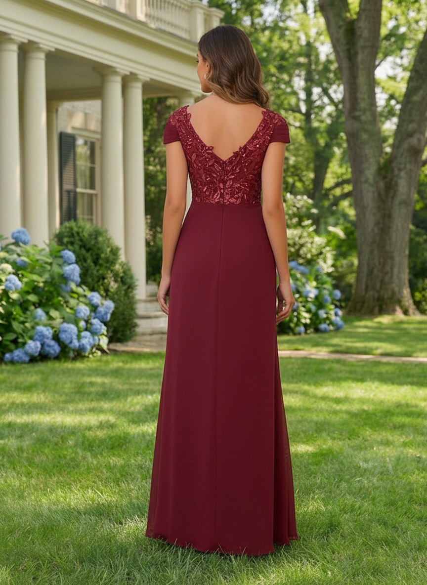 Chiffon Jacquard V Neck Mother of the Bride Dresses with Embroidery