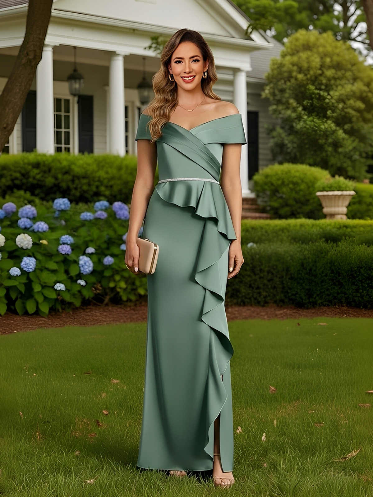 Satin Off Shoulder Mother of the Bride Dresses with Embroidery