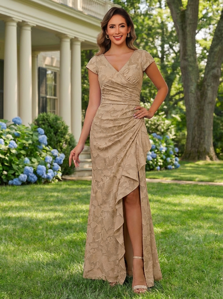 Jacquard V Neck Mother of the Bride Dresses with Split Side
