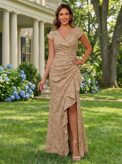 Jacquard V Neck Mother of the Bride Dresses with Split Side