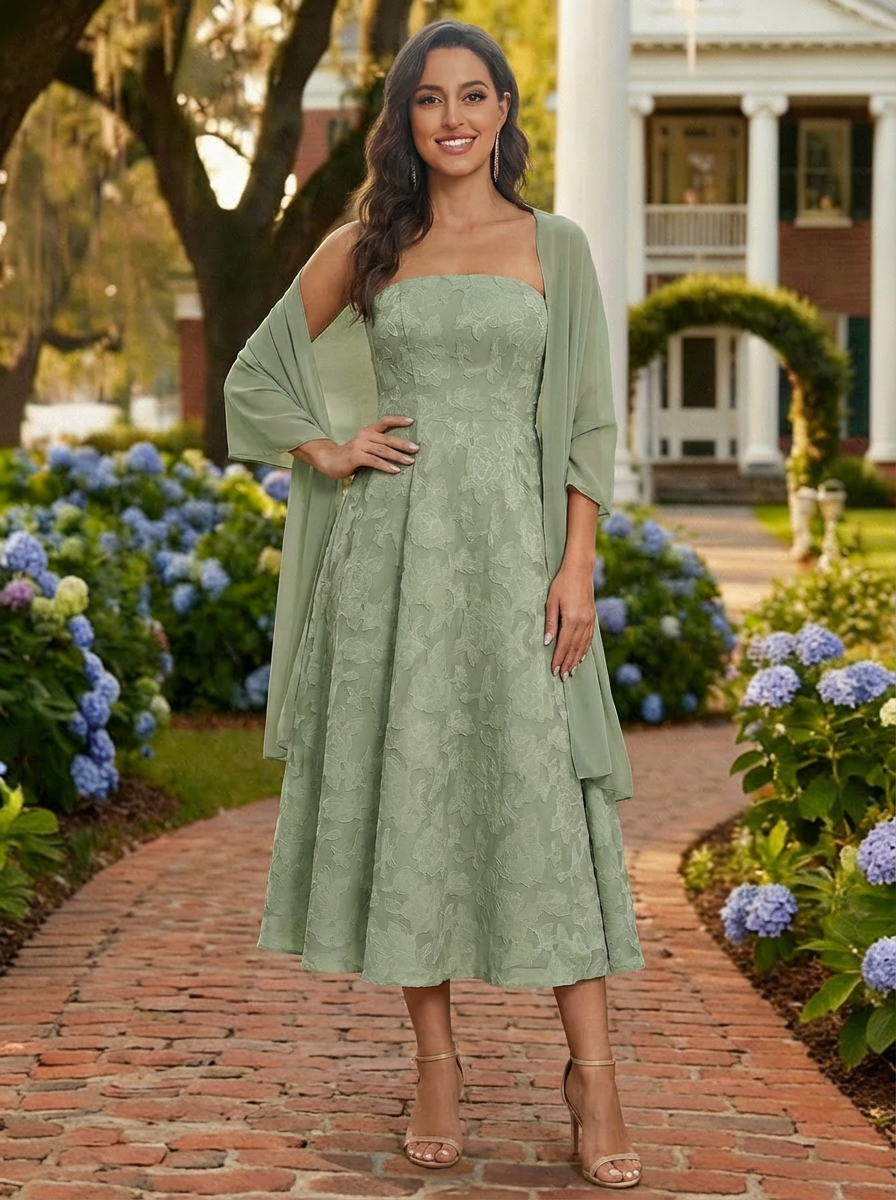 Jacquard Strapless Mother of the Bride Dresses with Cape