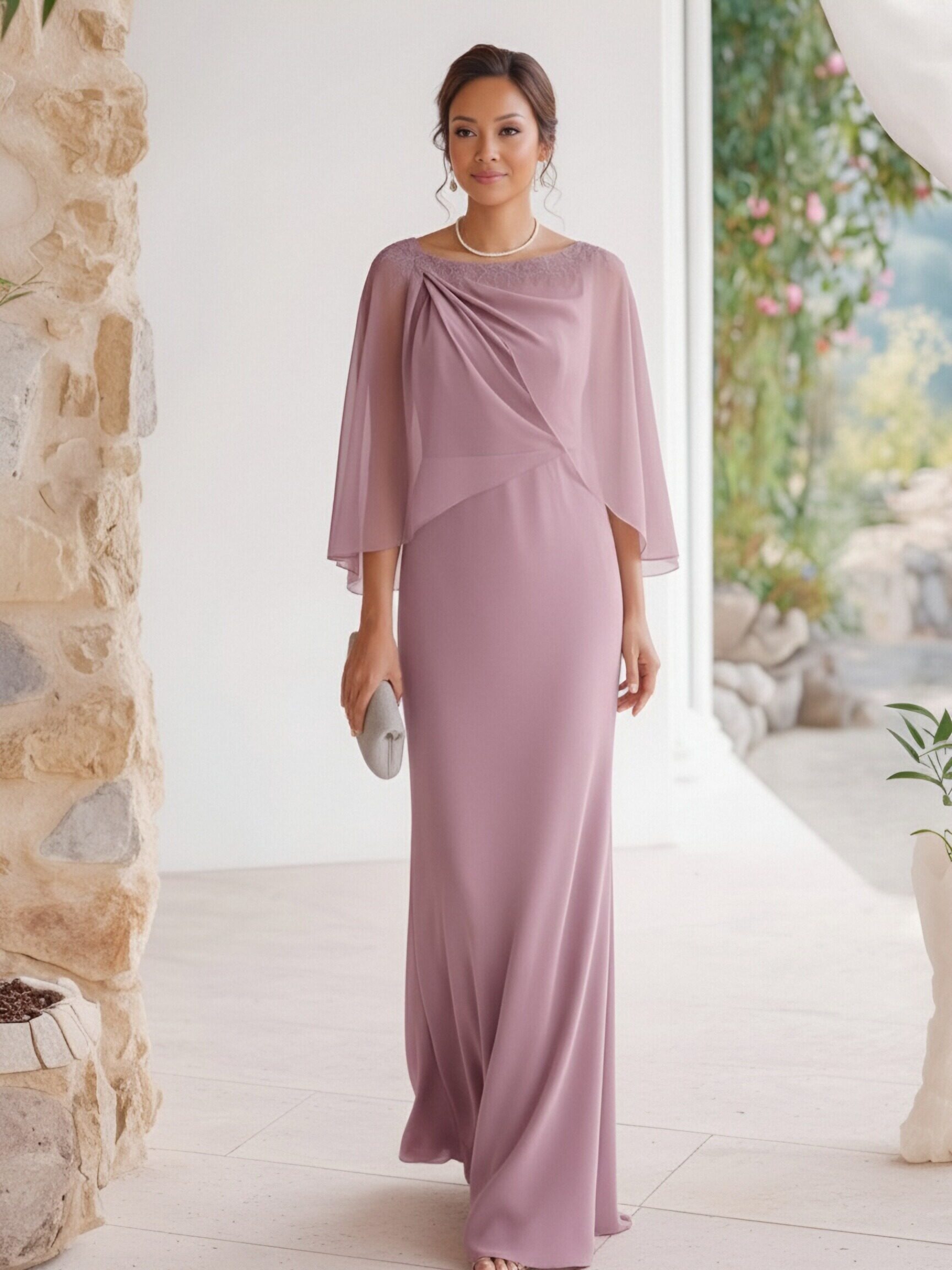 Crepe Chiffon Crew Neck Mother of the Bride Dresses with Embroidery