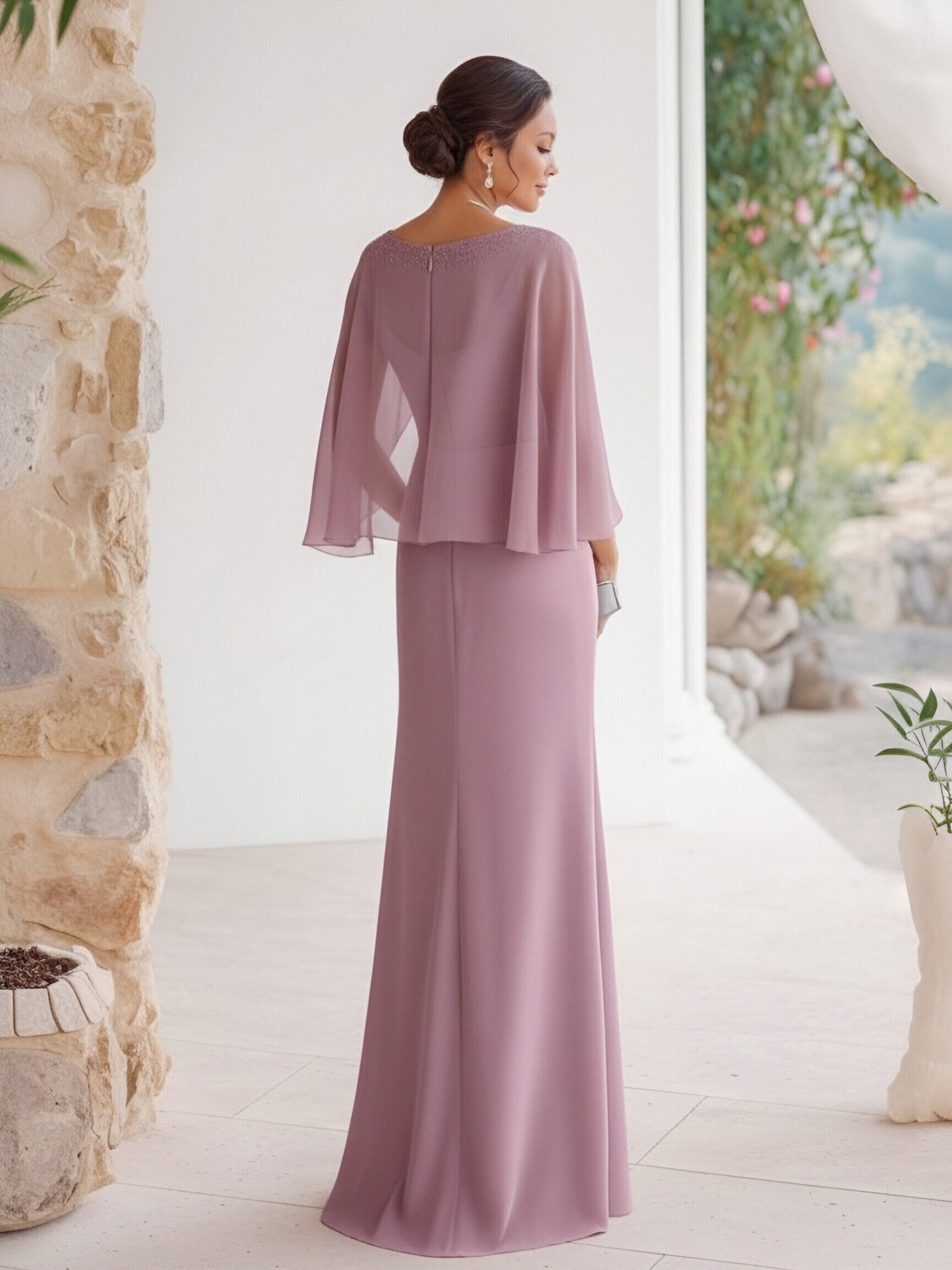 Crepe Chiffon Crew Neck Mother of the Bride Dresses with Embroidery