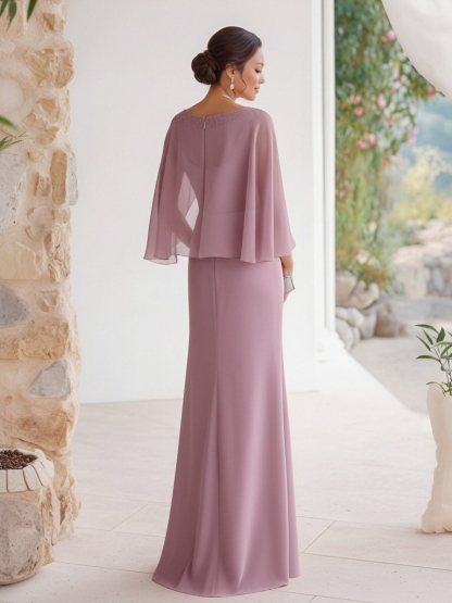 Crepe Chiffon Crew Neck Mother of the Bride Dresses with Embroidery