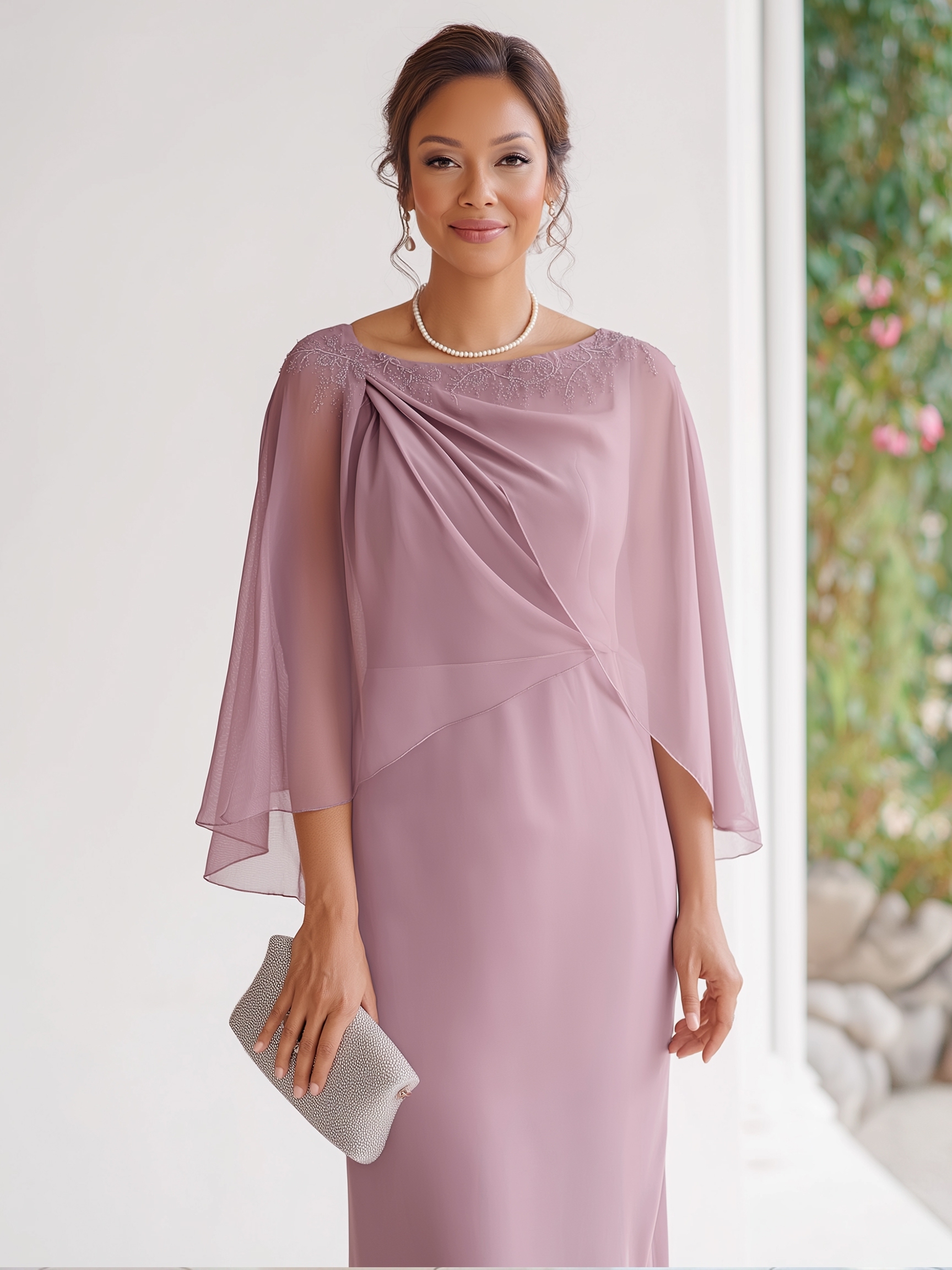 Crepe Chiffon Crew Neck Mother of the Bride Dresses with Embroidery