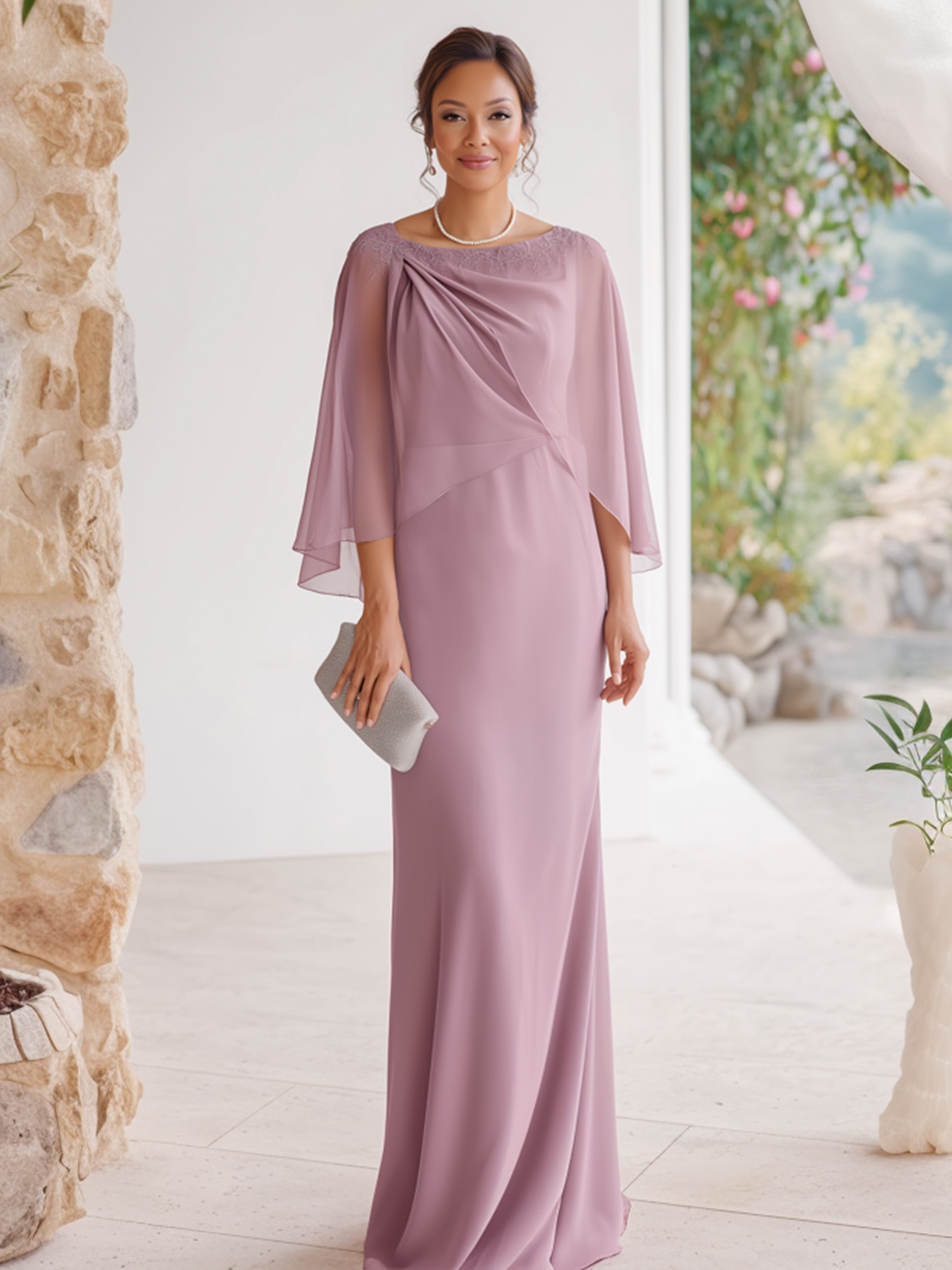Crepe Chiffon Crew Neck Mother of the Bride Dresses with Embroidery