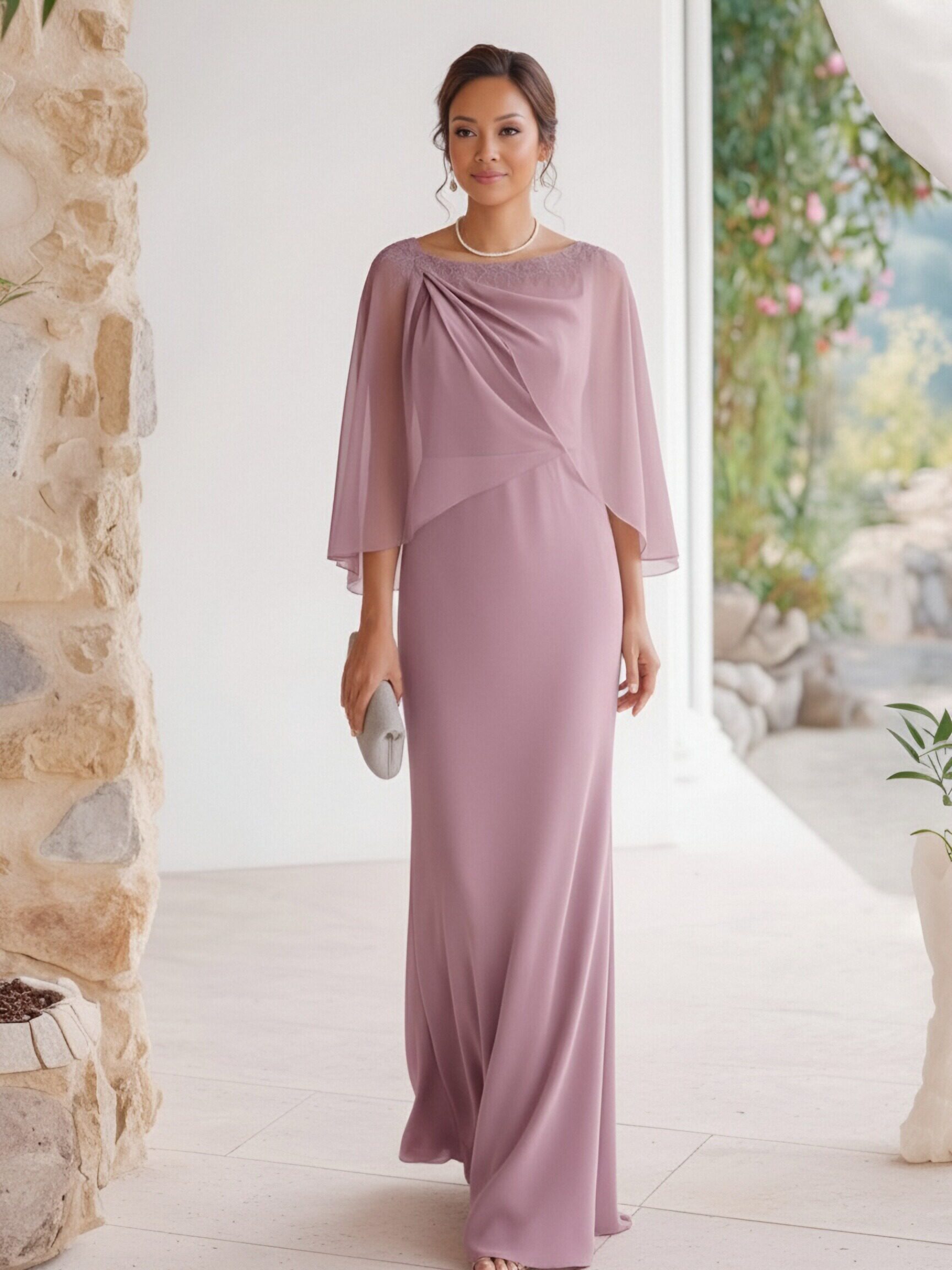 Crepe Chiffon Crew Neck Mother of the Bride Dresses with Embroidery