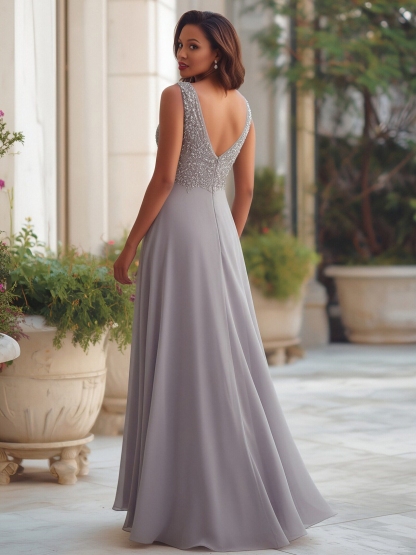 Chiffon Deep V Neck Mother of the Bride Dresses with Appliques